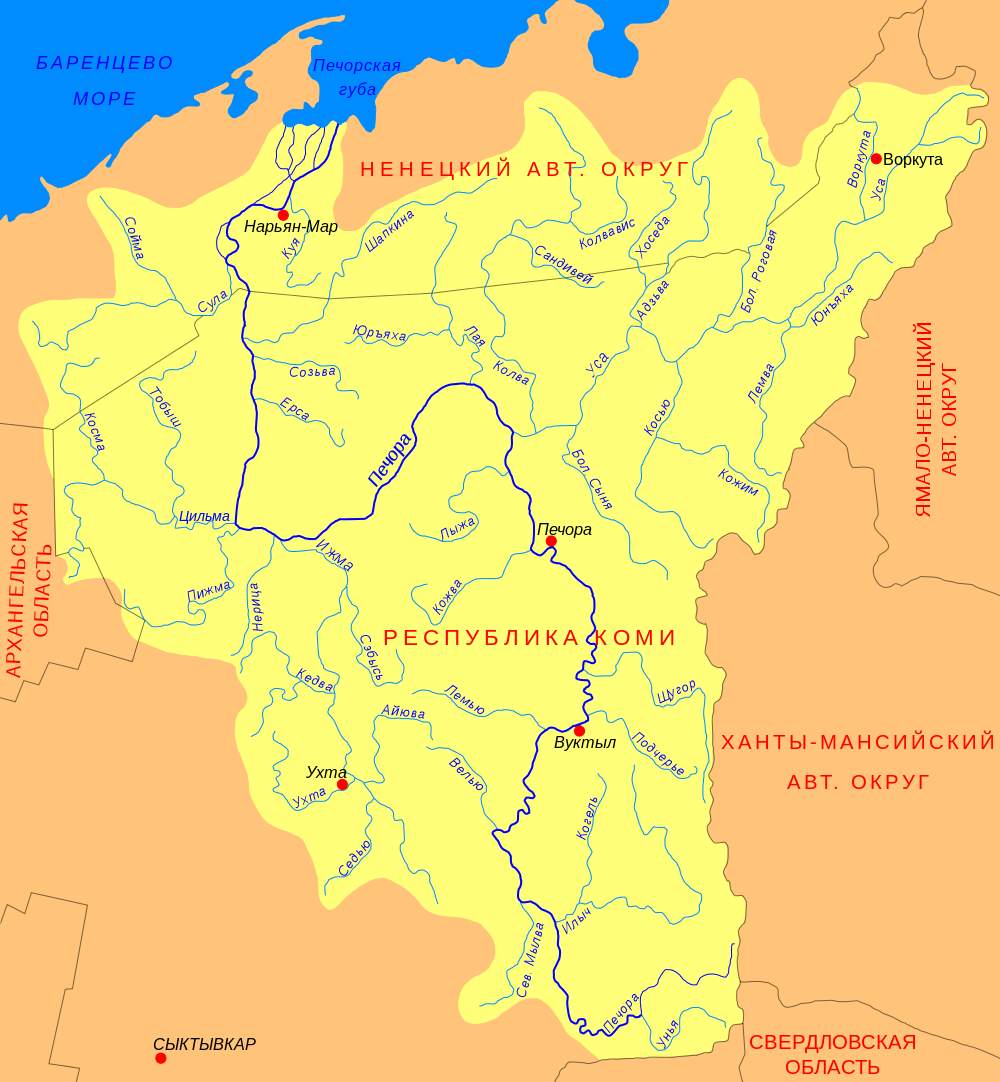 Бассейн реки Печора на карте